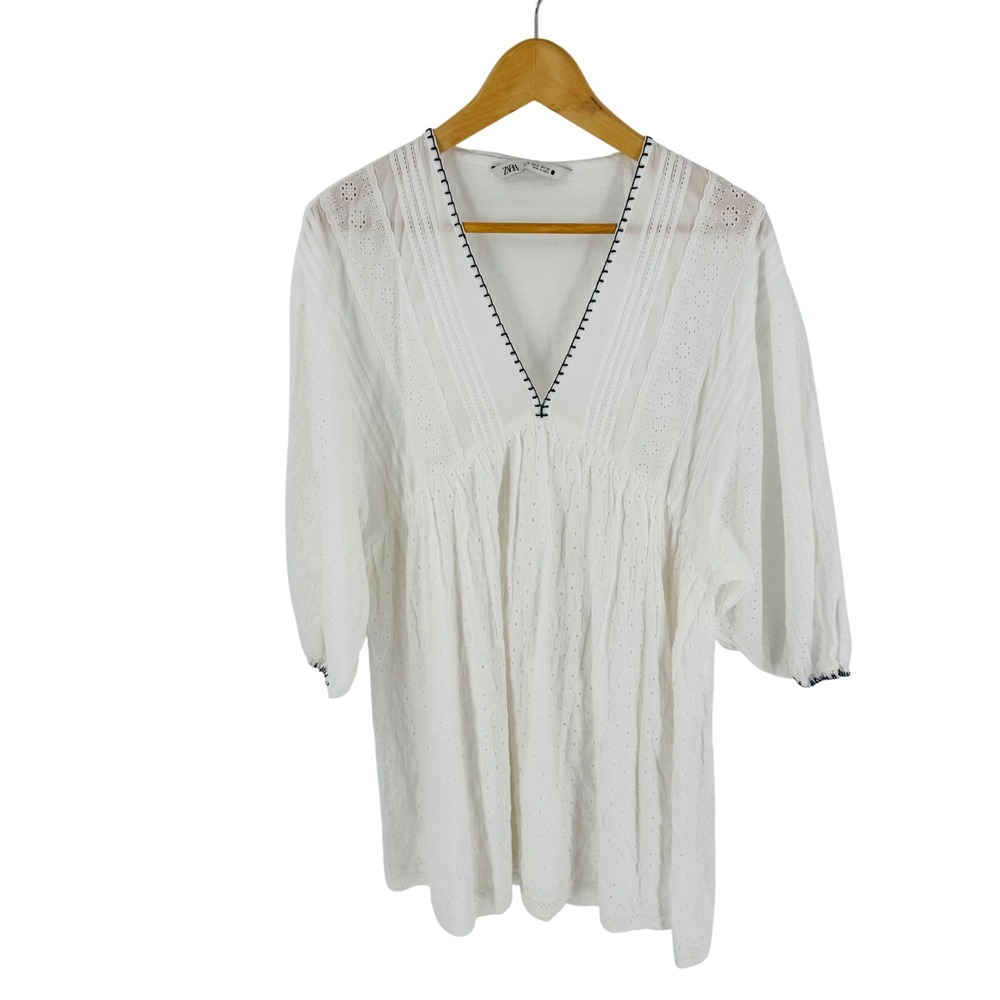 Zara White Eyelet Peasant Mini Dress Size M Boho Embroidered Puff Sleeve Cottage - Picture 8 of 8